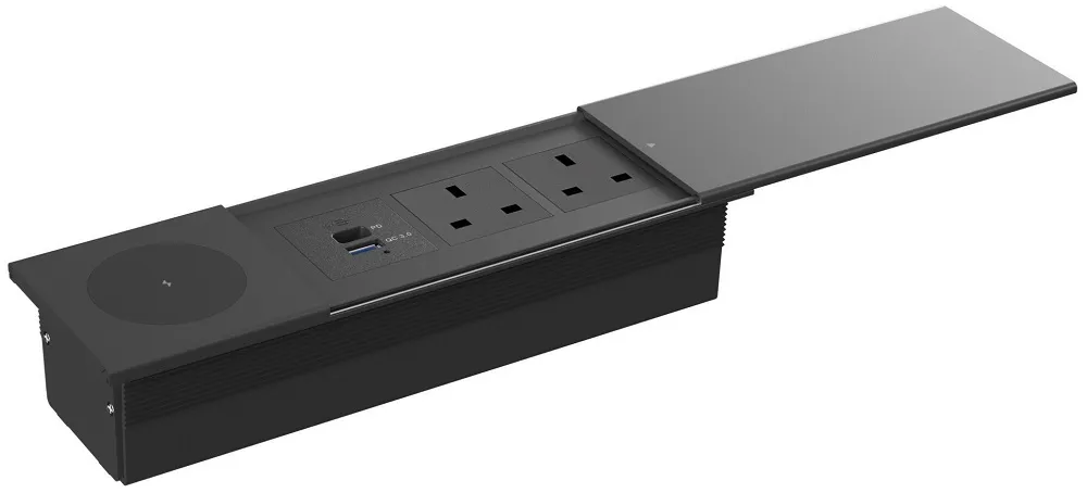 Sliding Lid Desk Socket with Wireless Charger - 1xUSB (A+C) + 2xUK - BLACK