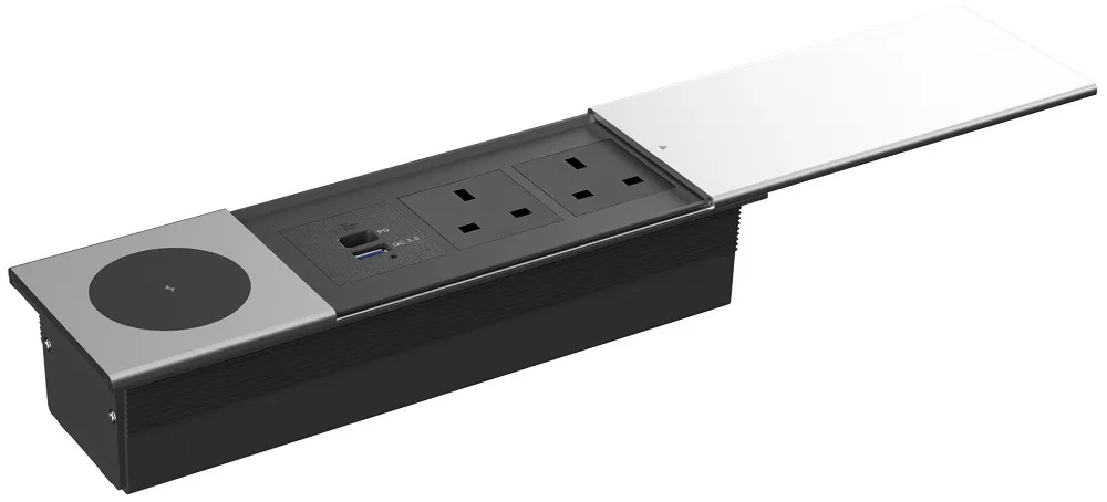 Sliding Lid Desk Socket with Wireless Charger - 1xUSB (A+C) + 2xUK SILVER